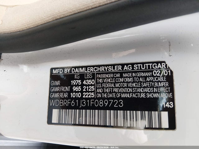 46210478 :رقم المزاد ، WDBRF61J31F089723 vin ، 2001 Mercedes-benz C 240 مزاد بيع