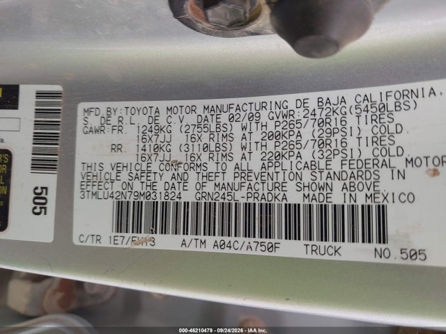 Продаж на аукціоні авто 2009 Toyota Tacoma Base V6, vin: 3TMLU42N79M031824, номер лоту: 46210479