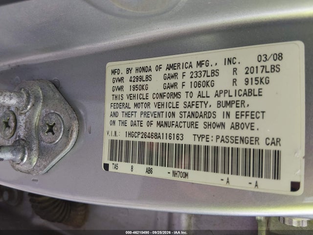 Продаж на аукціоні авто 2008 Honda Accord 2.4 Lx-p, vin: 1HGCP26468A116163, номер лоту: 46210490