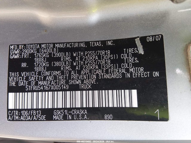46210492 :رقم المزاد ، 5TFRU54167X005149 vin ، 2007 Toyota Tundra Sr5 V6 مزاد بيع