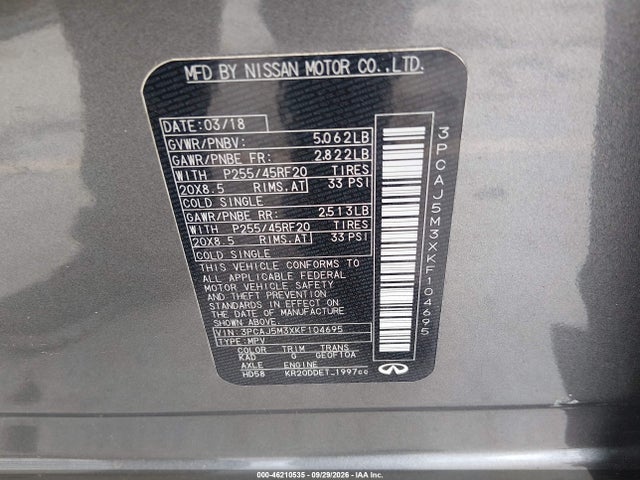 46210535 :رقم المزاد ، 3PCAJ5M3XKF104695 vin ، 2019 Infiniti Qx50 Essential مزاد بيع