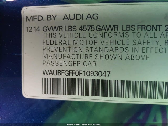 46210540 :رقم المزاد ، WAUBFGFF0F1093047 vin ، 2015 Audi A3 2.0t Premium مزاد بيع