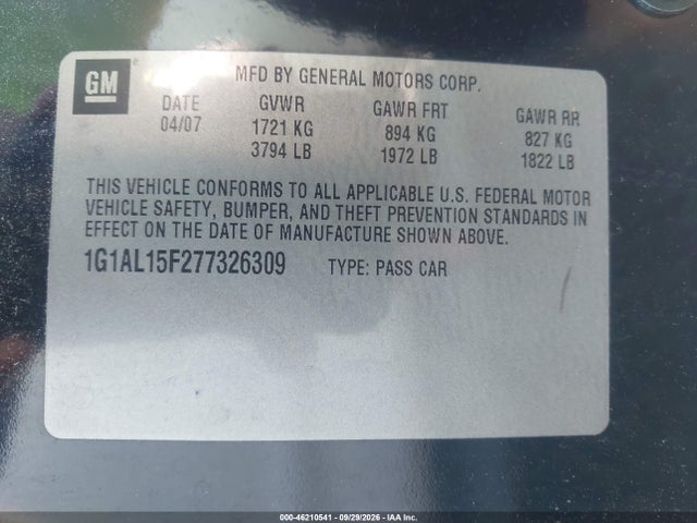 2007 Chevrolet Cobalt Lt მანქანა იყიდება აუქციონზე, vin: 1G1AL15F277326309, აუქციონის ნომერი: 46210541