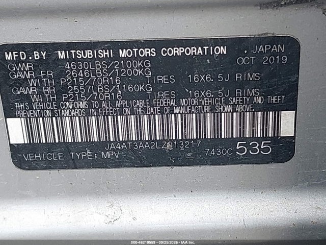 46210559 :رقم المزاد ، JA4AT3AA2LZ013217 vin ، 2020 Mitsubishi Eclipse Cross Es 1.5t Awc مزاد بيع