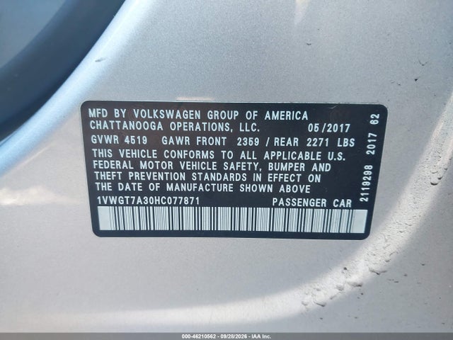 Продаж на аукціоні авто 2017 Volkswagen Passat 1.8t Se, vin: 1VWGT7A30HC077871, номер лоту: 46210562
