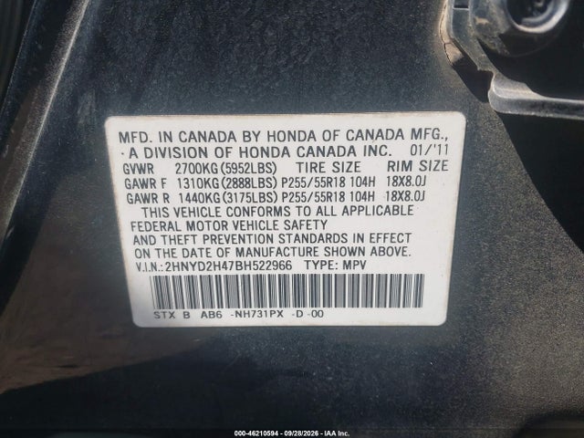 Продажа на аукционе авто 2011 Acura Mdx Technology Package, vin: 2HNYD2H47BH522966, номер лота: 46210594
