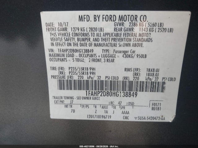 2017 Ford Taurus Se მანქანა იყიდება აუქციონზე, vin: 1FAHP2D80HG138849, აუქციონის ნომერი: 46210596