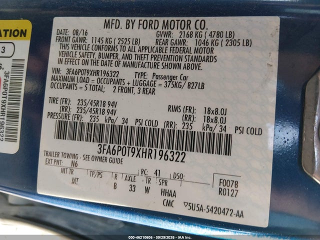 Продажа на аукционе авто 2017 Ford Fusion Se, vin: 3FA6P0T9XHR196322, номер лота: 46210606