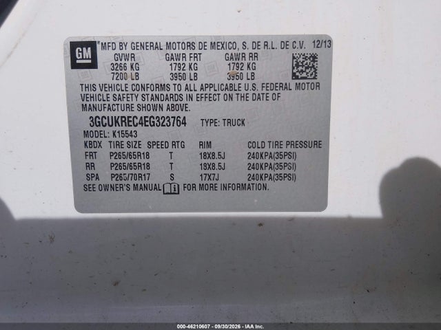 Продаж на аукціоні авто 2014 Chevrolet Silverado 1500 Lt, vin: 3GCUKREC4EG323764, номер лоту: 46210607
