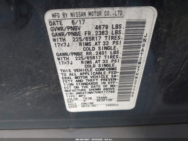 46210627 :رقم المزاد ، JN8AT2MV7HW277786 vin ، 2017 Nissan Rogue Sv مزاد بيع