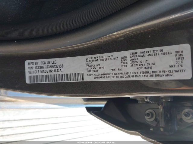 2022 Ram 1500 Laramie მანქანა იყიდება აუქციონზე, vin: 1C6SRFRT3NN133156, აუქციონის ნომერი: 46210644