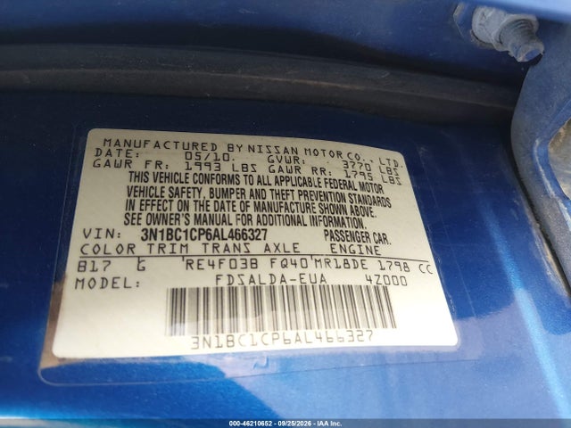46210652 :رقم المزاد ، 3N1BC1CP6AL466327 vin ، 2010 Nissan Versa 1.8s مزاد بيع
