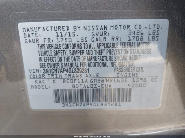 Aukcja sprzedaży 2016 Nissan Versa 1.6 Sv, vin: 3N1CN7AP4GL839281, numer aukcji: 46210678