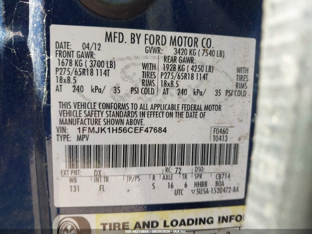 2012 Ford Expedition El Xlt მანქანა იყიდება აუქციონზე, vin: 1FMJK1H56CEF47684, აუქციონის ნომერი: 46210685