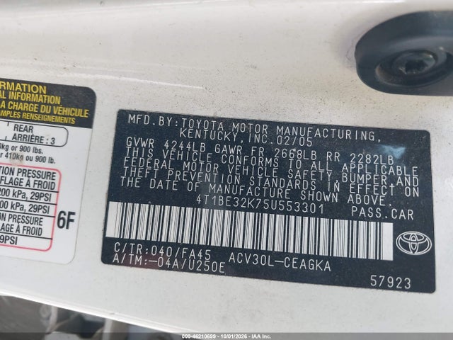 46210699 :رقم المزاد ، 4T1BE32K75U553301 vin ، 2005 Toyota Camry Xle مزاد بيع