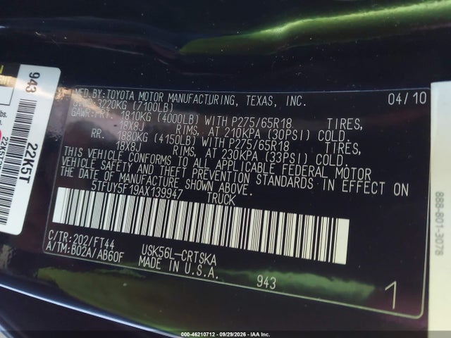 46210712 :رقم المزاد ، 5TFUY5F19AX139947 vin ، 2010 Toyota Tundra Grade 5.7l V8 مزاد بيع