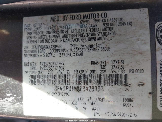 46210731 :رقم المزاد ، 3FAHP0JAXCR428903 vin ، 2012 Ford Fusion Sel مزاد بيع