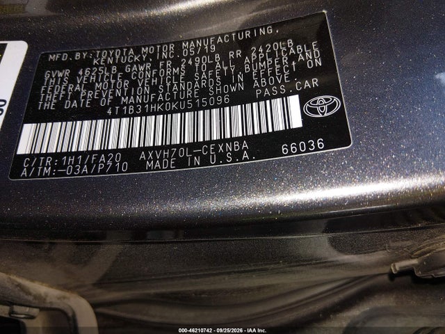 2019 Toyota Camry Hybrid Le მანქანა იყიდება აუქციონზე, vin: 4T1B31HK0KU515096, აუქციონის ნომერი: 46210742
