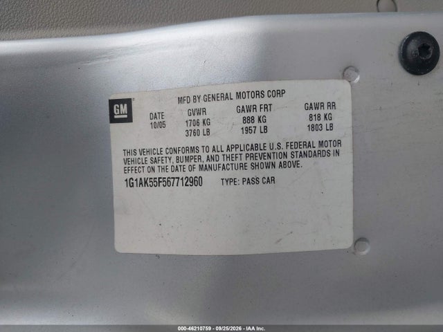 46210759 :رقم المزاد ، 1G1AK55F567712960 vin ، 2006 Chevrolet Cobalt Ls مزاد بيع