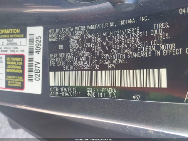 46210761 :رقم المزاد ، 5TDZK23C17S058192 vin ، 2007 Toyota Sienna Le مزاد بيع