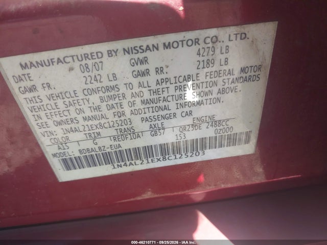 2008 Nissan Altima 2.5 S მანქანა იყიდება აუქციონზე, vin: 1N4AL21EX8C125203, აუქციონის ნომერი: 46210771