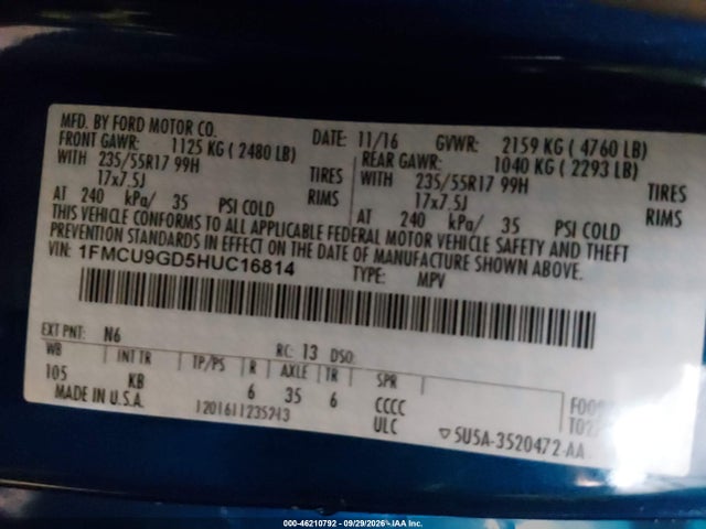2017 Ford Escape Se მანქანა იყიდება აუქციონზე, vin: 1FMCU9GD5HUC16814, აუქციონის ნომერი: 46210792