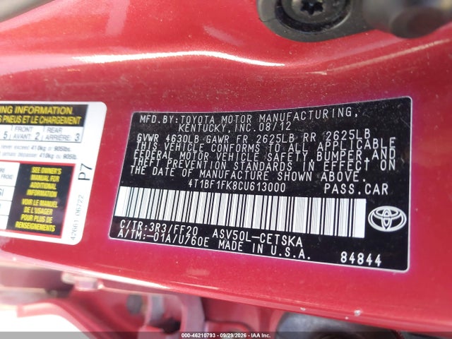 Продаж на аукціоні авто 2012 Toyota Camry Se, vin: 4T1BF1FK8CU613000, номер лоту: 46210793