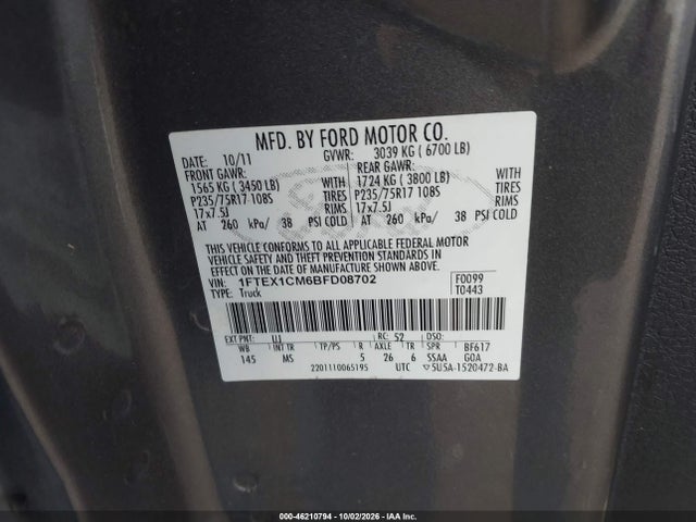 Продажа на аукционе авто 2011 Ford F-150 Xlt, vin: 1FTEX1CM6BFD08702, номер лота: 46210794