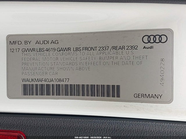 46210800 :رقم المزاد ، WAUKMAF40JA108477 vin ، 2018 Audi A4 2.0t Tech Ultra Premium/2.0t Ultra Premium مزاد بيع