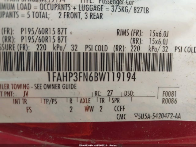46210814 :رقم المزاد ، 1FAHP3FN6BW119194 vin ، 2011 Ford Focus Se مزاد بيع