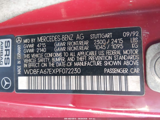 46210818 :رقم المزاد ، WDBFA67EXPF072230 vin ، 1993 Mercedes-benz 500 Sl مزاد بيع