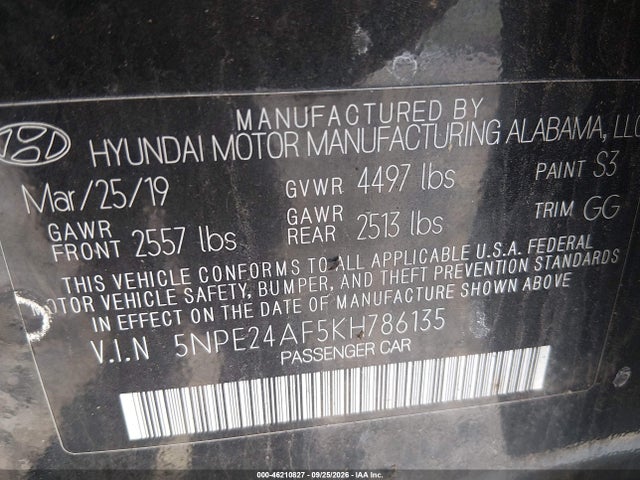 Продажа на аукционе авто 2019 Hyundai Sonata Se, vin: 5NPE24AF5KH786135, номер лота: 46210827