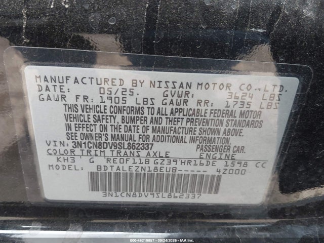 Продаж на аукціоні авто 2025 Nissan Versa 1.6 S, vin: 3N1CN8DV9SL862337, номер лоту: 46210857