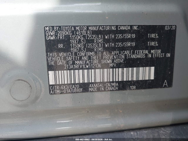 Продаж на аукціоні авто 2020 Toyota Rav4 Xle Premium, vin: 2T3A1RFV1LW112136, номер лоту: 46210862