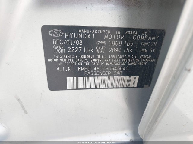 Aukcja sprzedaży 2008 Hyundai Elantra Gls/se, vin: KMHDU46D08U645643, numer aukcji: 46210879
