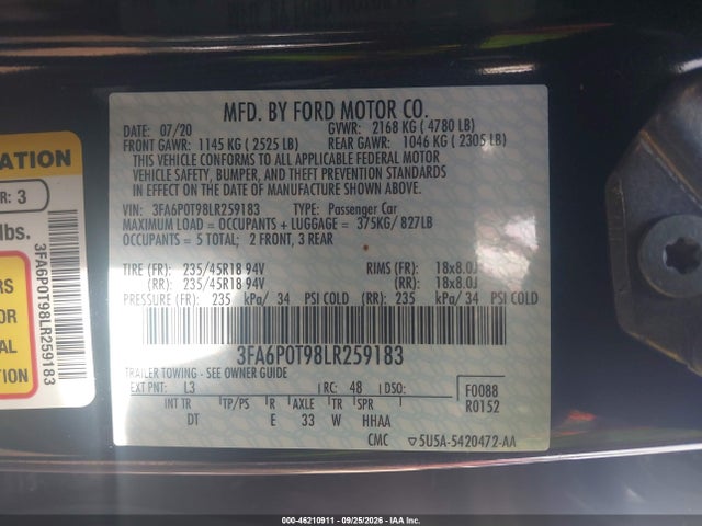 Продаж на аукціоні авто 2020 Ford Fusion Se, vin: 3FA6P0T98LR259183, номер лоту: 46210911