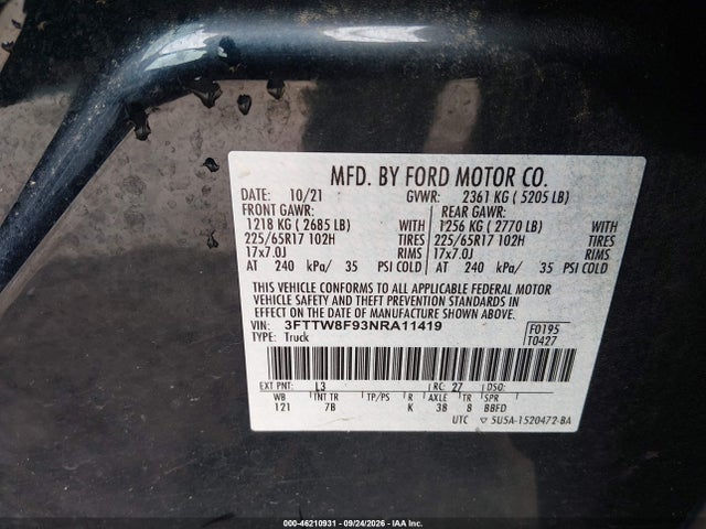Продаж на аукціоні авто 2022 Ford Maverick Xlt, vin: 3FTTW8F93NRA11419, номер лоту: 46210931
