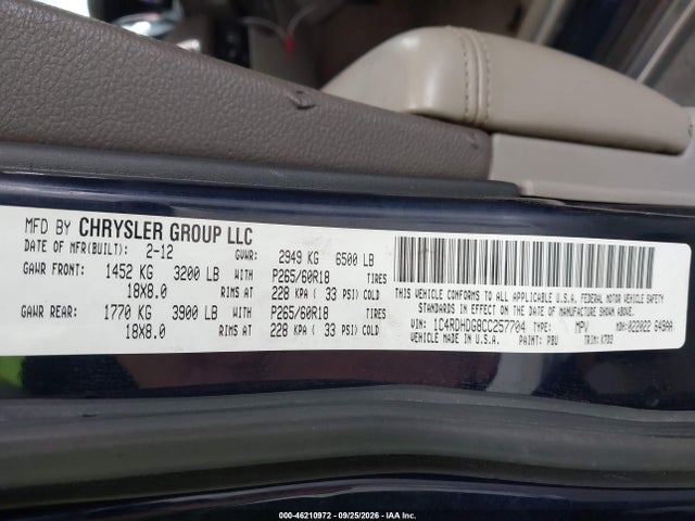 46210972 :رقم المزاد ، 1C4RDHDG8CC257704 vin ، 2012 Dodge Durango Crew مزاد بيع