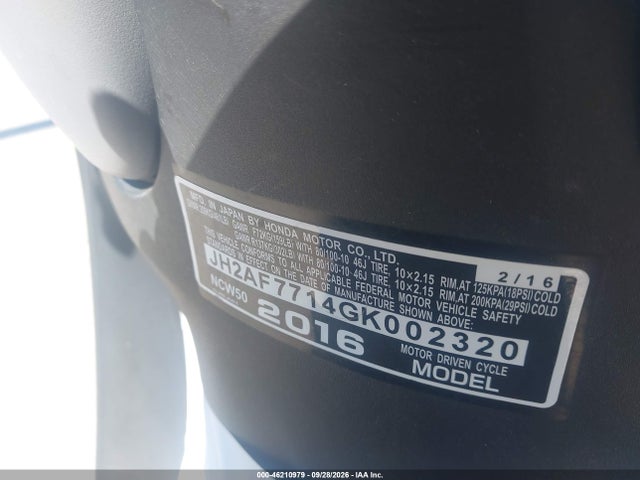 Auction sale of the 2016 Honda Ncw50, vin: JH2AF7714GK002320, lot number: 46210979