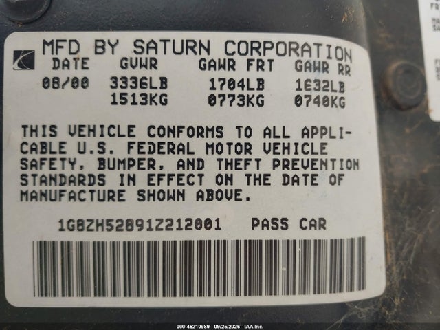 Aukcja sprzedaży 2001 Saturn Sl1, vin: 1G8ZH52891Z212001, numer aukcji: 46210989