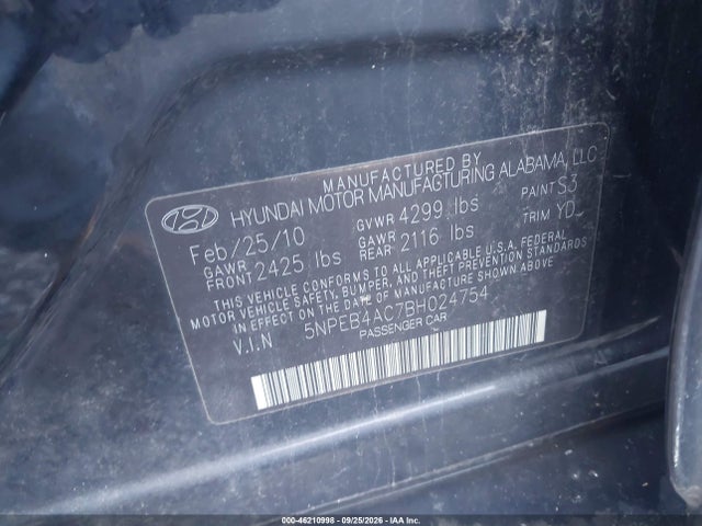 Aukcja sprzedaży 2011 Hyundai Sonata Gls, vin: 5NPEB4AC7BH024754, numer aukcji: 46210998