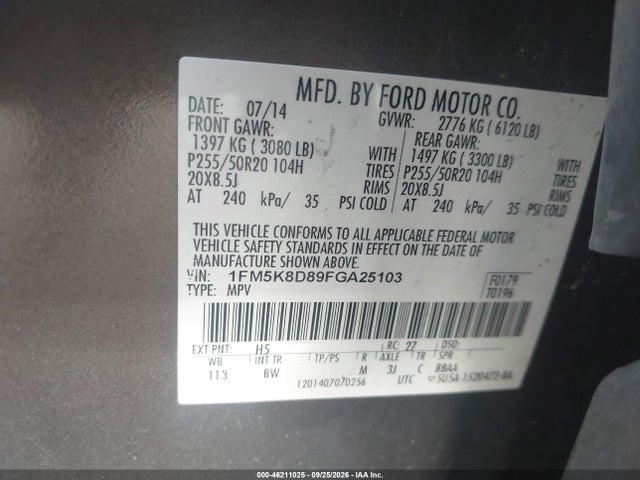 Продаж на аукціоні авто 2015 Ford Explorer Xlt, vin: 1FM5K8D89FGA25103, номер лоту: 46211025