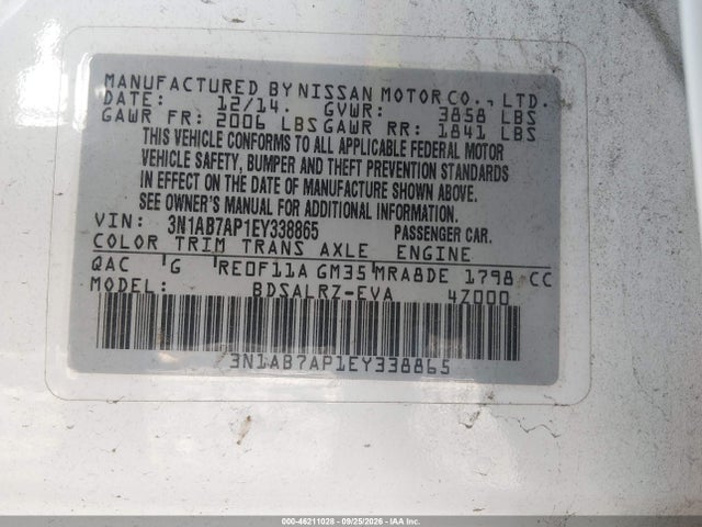 46211028 :رقم المزاد ، 3N1AB7AP1EY338865 vin ، 2014 Nissan Sentra Sr مزاد بيع