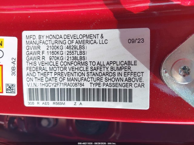 2024 Honda Accord Hybrid Sport-l მანქანა იყიდება აუქციონზე, vin: 1HGCY2F71RA008784, აუქციონის ნომერი: 46211035
