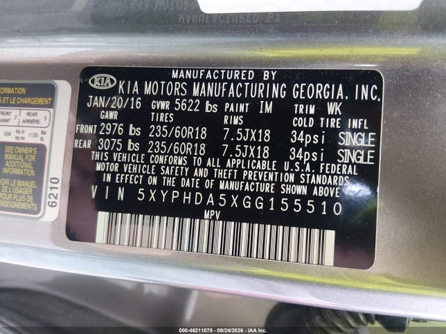 46211078 :رقم المزاد ، 5XYPHDA5XGG155510 vin ، 2016 Kia Sorento 3.3l Ex مزاد بيع