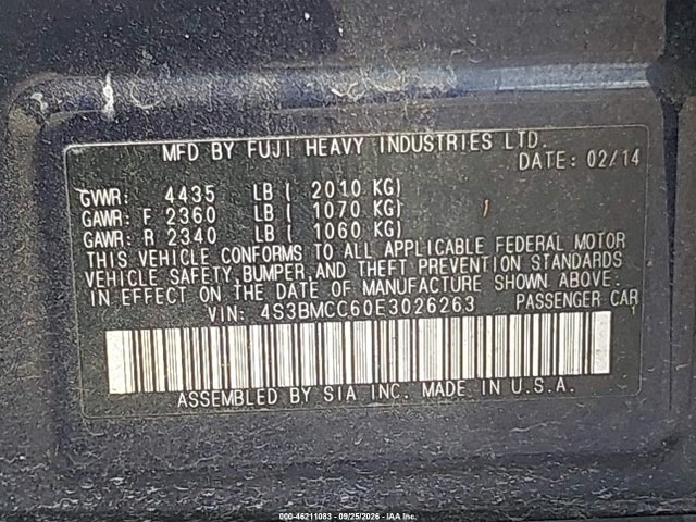 2014 Subaru Legacy 2.5i Premium მანქანა იყიდება აუქციონზე, vin: 4S3BMCC60E3026263, აუქციონის ნომერი: 46211083