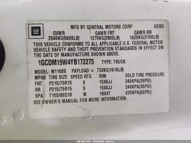 2000 Chevrolet Astro მანქანა იყიდება აუქციონზე, vin: 1GCDM19W4YB172275, აუქციონის ნომერი: 46211087