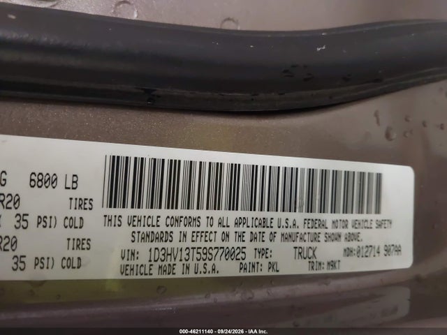46211140 :رقم المزاد ، 1D3HV13T59S770025 vin ، 2009 Dodge Ram 1500 Slt/sport/trx مزاد بيع