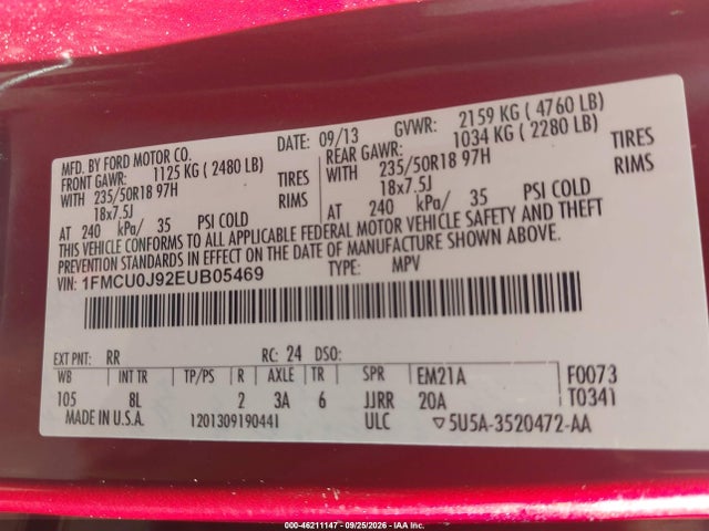 2014 Ford Escape Titanium მანქანა იყიდება აუქციონზე, vin: 1FMCU0J92EUB05469, აუქციონის ნომერი: 46211147