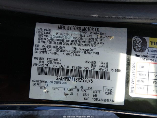 Aukcja sprzedaży 2008 Ford Fusion Se, vin: 3FAHP07118R255075, numer aukcji: 46211156